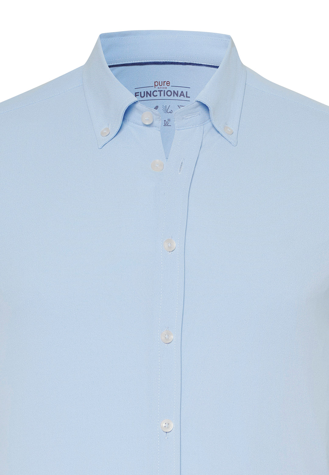 Nahaufnahme des Kragens vom 4061-21250 PURE Functional Hemd in Blau. Hochwertige Verarbeitung mit Button-Down-Kragen und funktionalem Material.