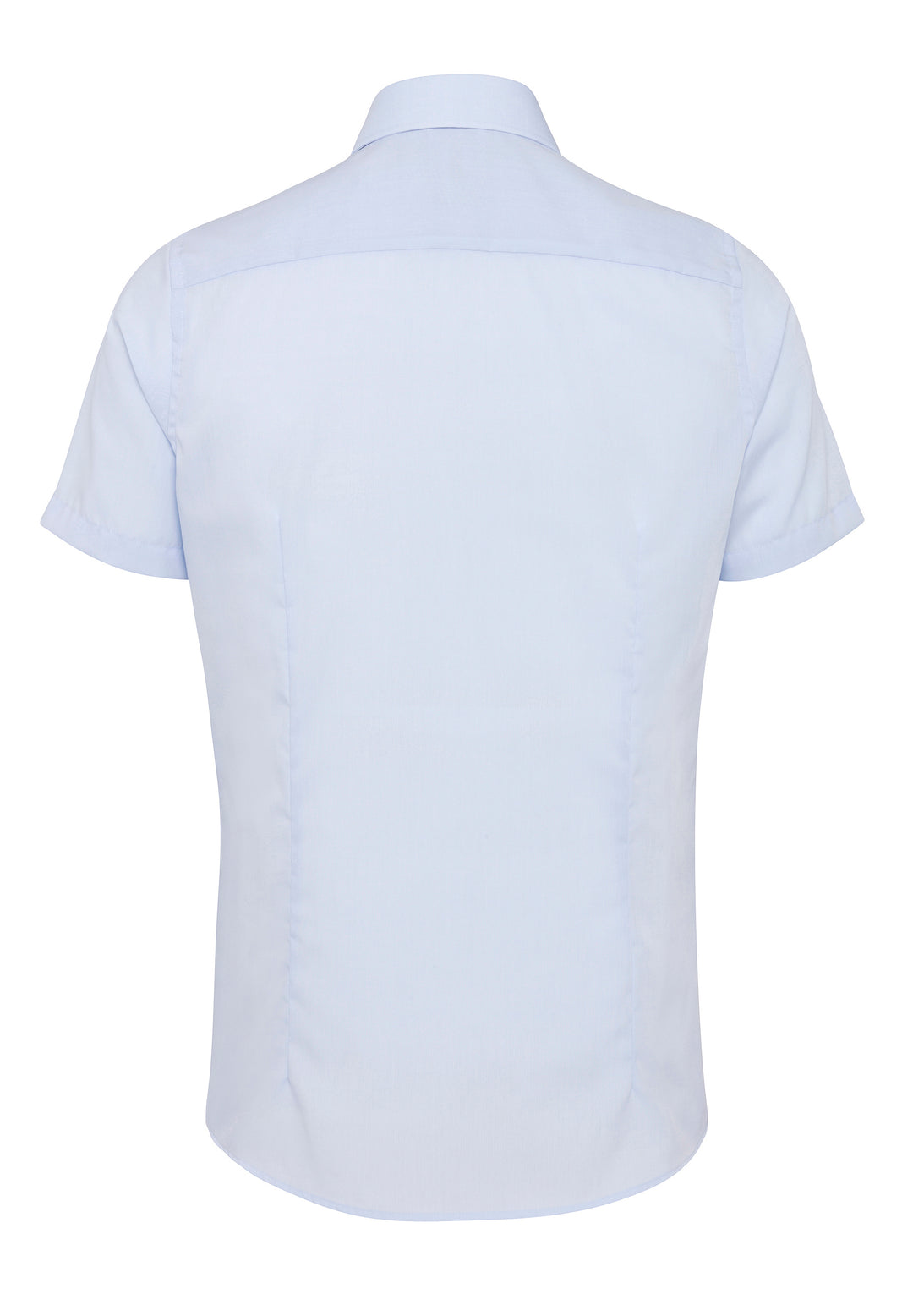 Rückansicht des blauen Herren City Hemds im Modern Fit. Kurzarm, bügelfrei und pflegeleicht, perfekt für den 40-Grad-Normalwaschgang.