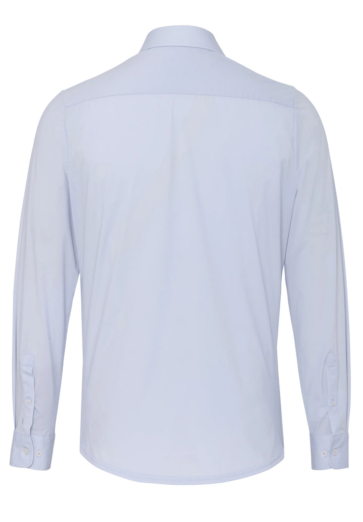 Rückansicht des Herren Funktionshemds 3385-21150 in Blau. Pflegeleichtes, knitterfreies Material aus recyceltem Garn für nachhaltigen Stil.