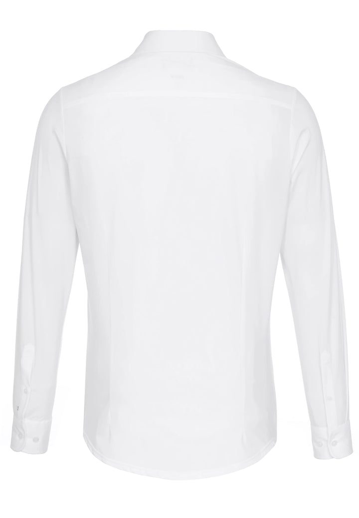 Rückansicht des funktionellen weißen Hemds mit atmungsaktivem Material und optimaler Passform. Perfekt für elegante und komfortable Outfits.