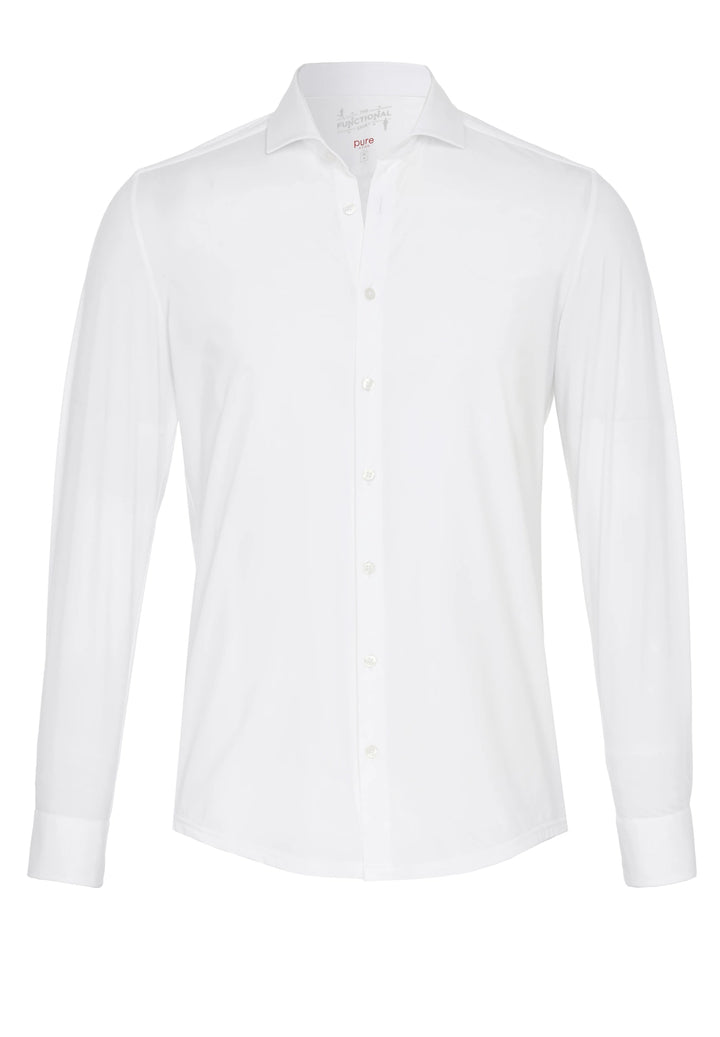 Funktionelles weißes Hemd für Herren mit 4-Wege-Stretch, atmungsaktiv und schnelltrocknend. Perfekt für Business und festliche Anlässe.