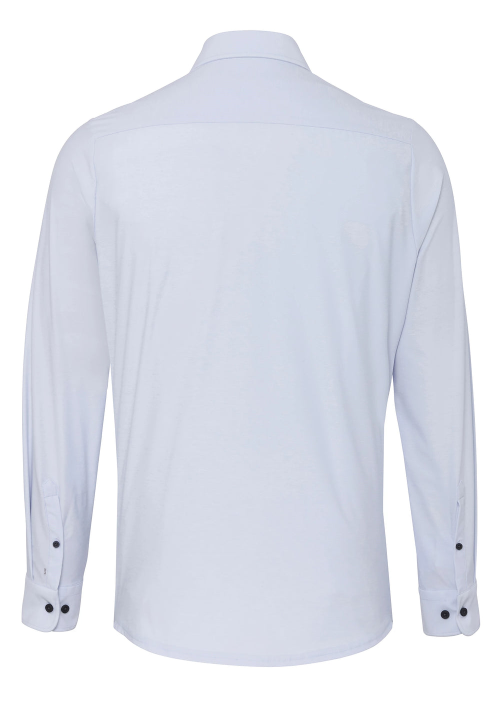 Rückseite des blauen Herren Funktionshemds mit Langarm. Atmungsaktives, pflegeleichtes Material für optimalen Tragekomfort.