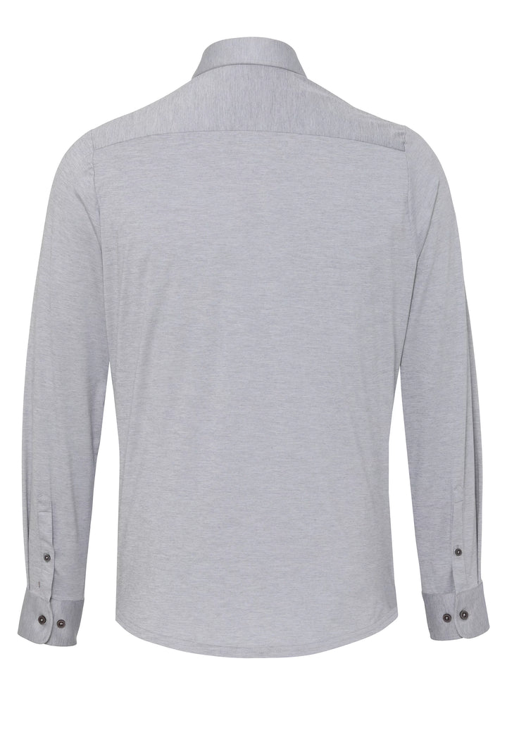 Rückansicht des grauen Herren Funktionshemds mit geradem Schnitt und Manschetten. Pflegeleichtes, atmungsaktives Material – perfekt für Business & Reisen.