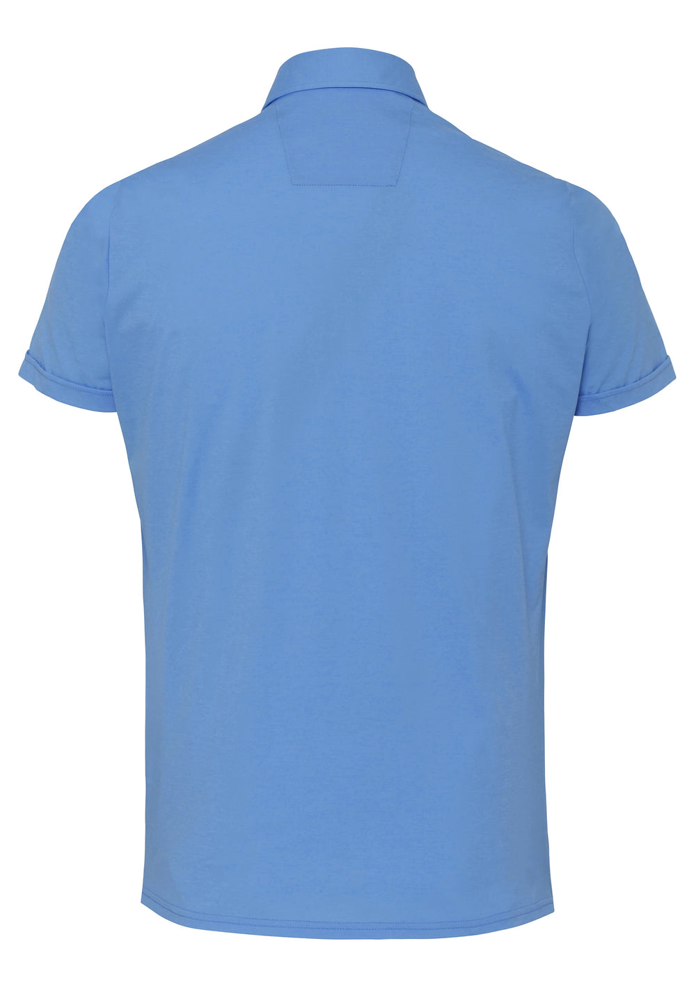 Rückansicht des blauen Herren Funktionspoloshirts. Atmungsaktives, bügelfreies Material aus recyceltem Garn für maximale Bewegungsfreiheit.