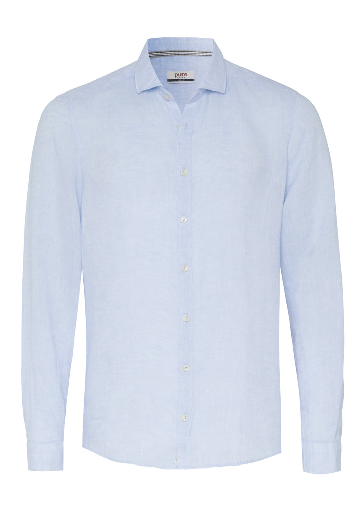 3805-21110 Casual Hemd in Blau, Langarm 100% Leinen, Kent Kragen