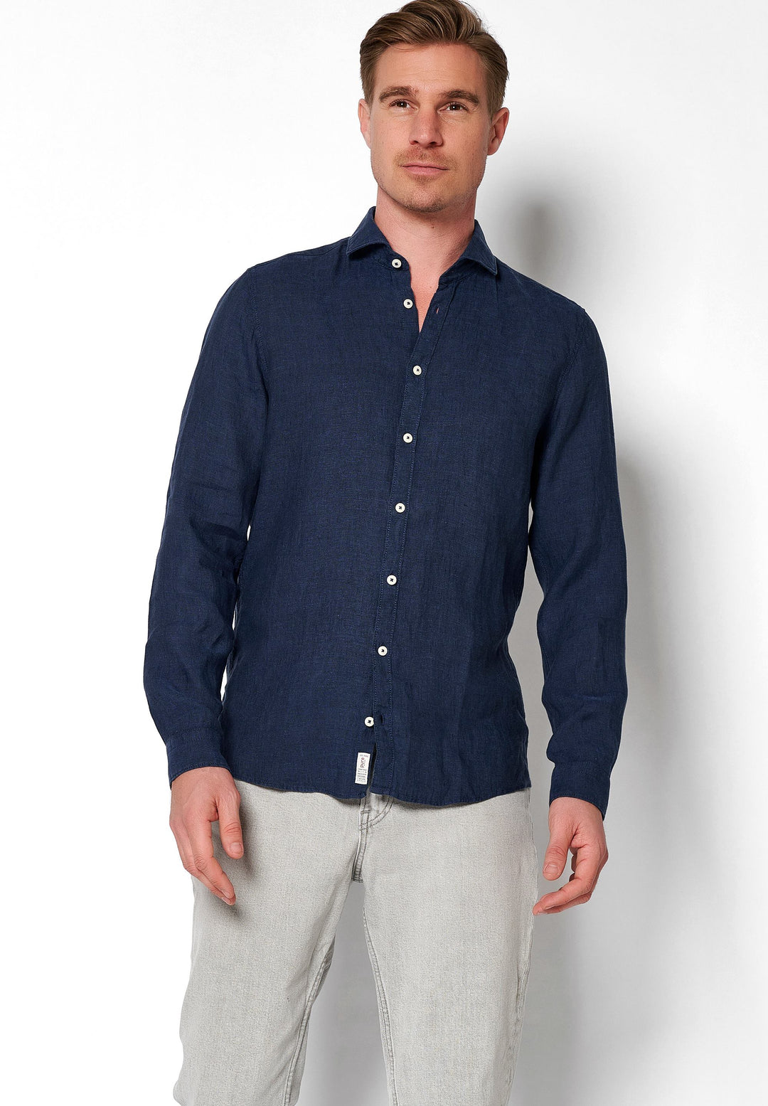 3805-21110 Herrenhemd Casual - Leinen Kent Kragen | Blau  Langarm
