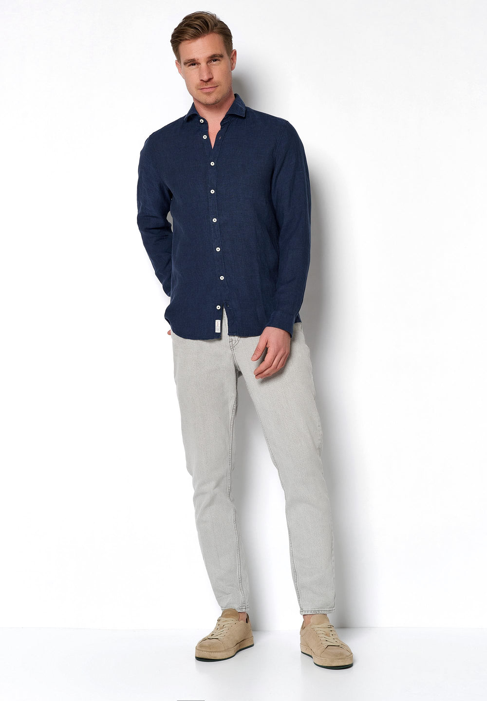 3805-21110 Herrenhemd Casual - Leinen Kent Kragen | Blau  Langarm