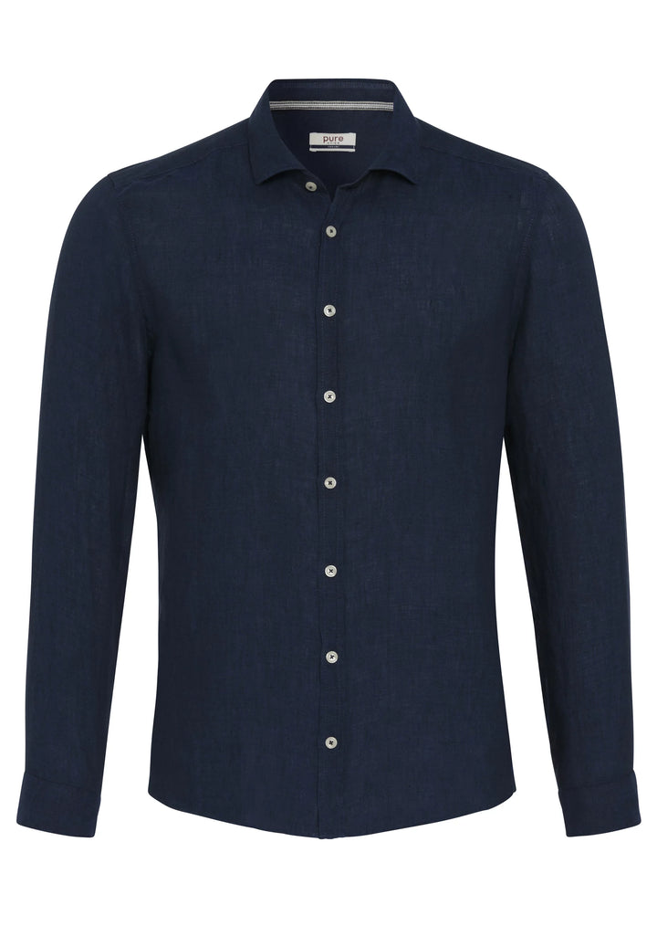 3805-21110 Herrenhemd Casual - Leinen Kent Kragen | Blau  Langarm