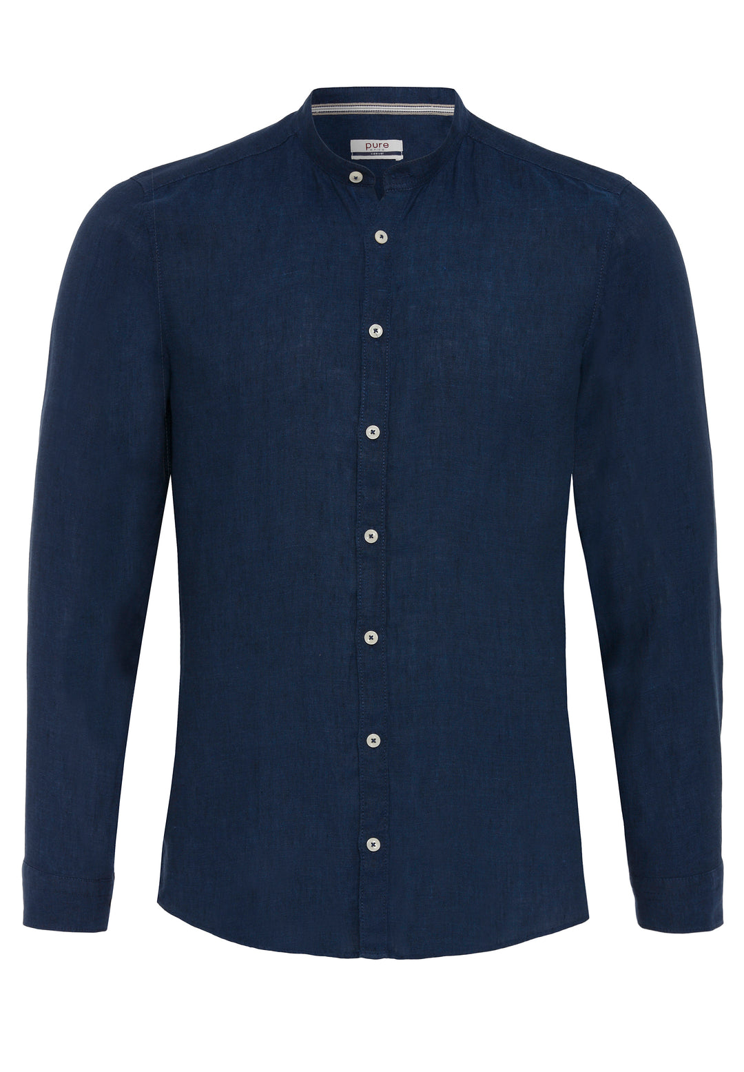 3805-21620 PURE Casual Herrenhemd in Blau mit Stehkragen und Langarm. Unifarbenes Design aus 100% Leinen für einen stilvollen Casual Fit.