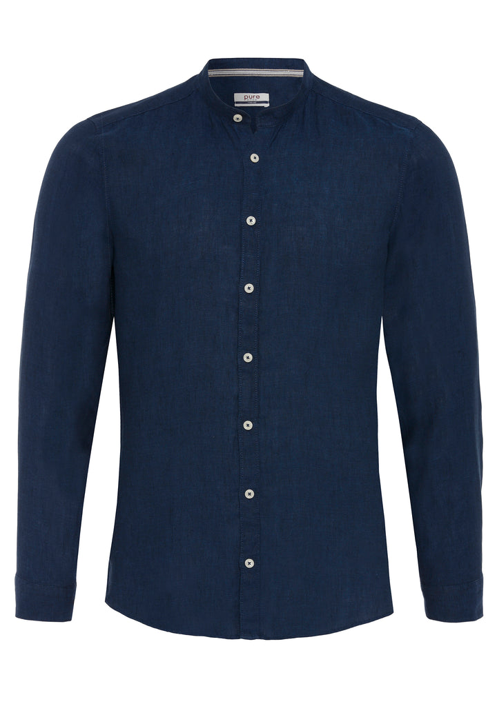 3805-21620 PURE Casual Herrenhemd in Blau mit Stehkragen und Langarm. Unifarbenes Design aus 100% Leinen für einen stilvollen Casual Fit.