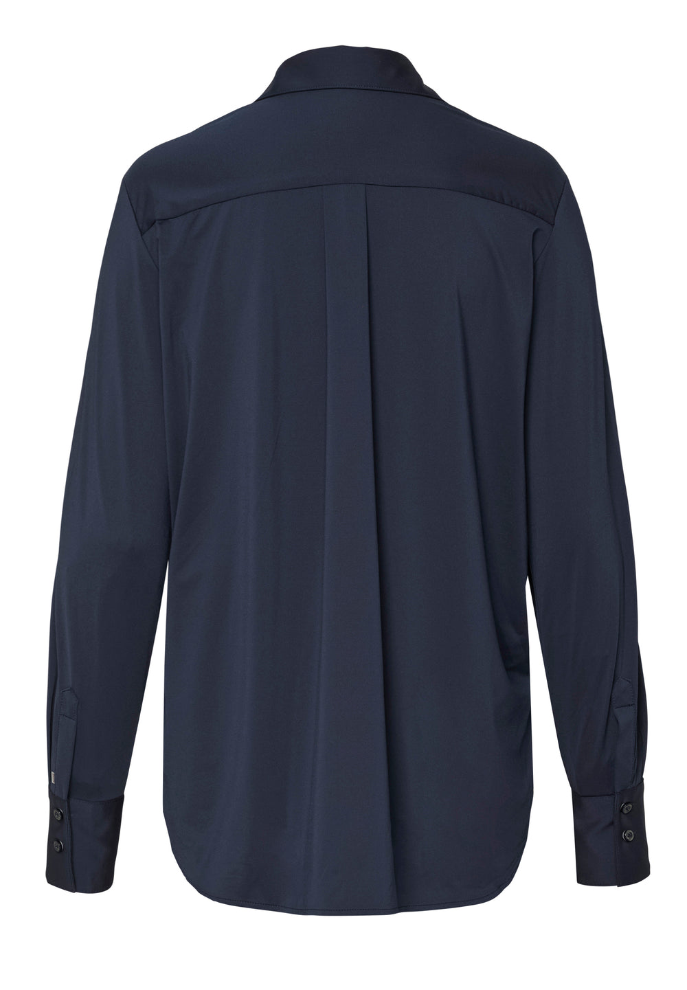 Rückansicht der blauen Functional Oversize Bluse mit Kent Kragen und Modern Fit Passform
