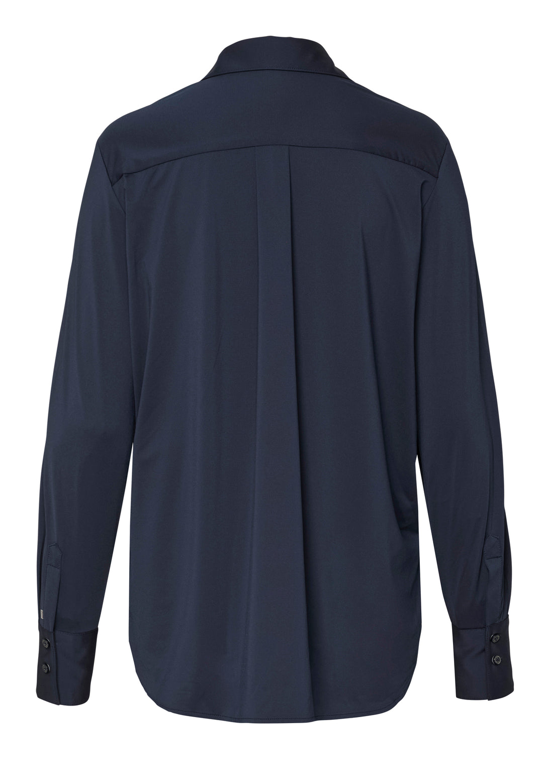 Rückansicht der blauen Functional Oversize Bluse mit Kent Kragen und Modern Fit Passform