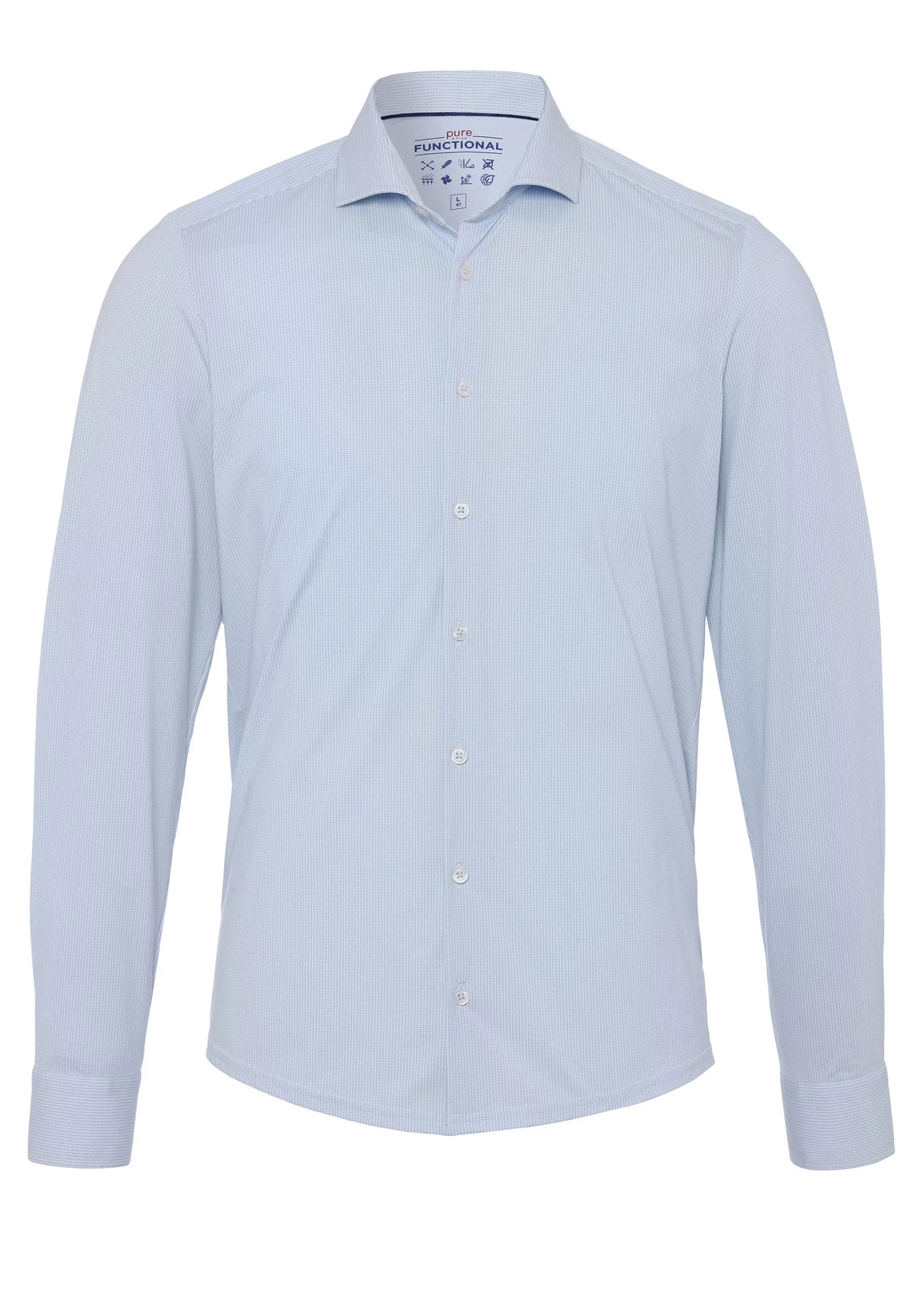 4048-21750 Herren Funktionshemd in Blau, Vorderansicht. Modernes Design mit Knopfleiste, atmungsaktivem Stoff und 4-Wege-Stretch für Bewegungsfreiheit.