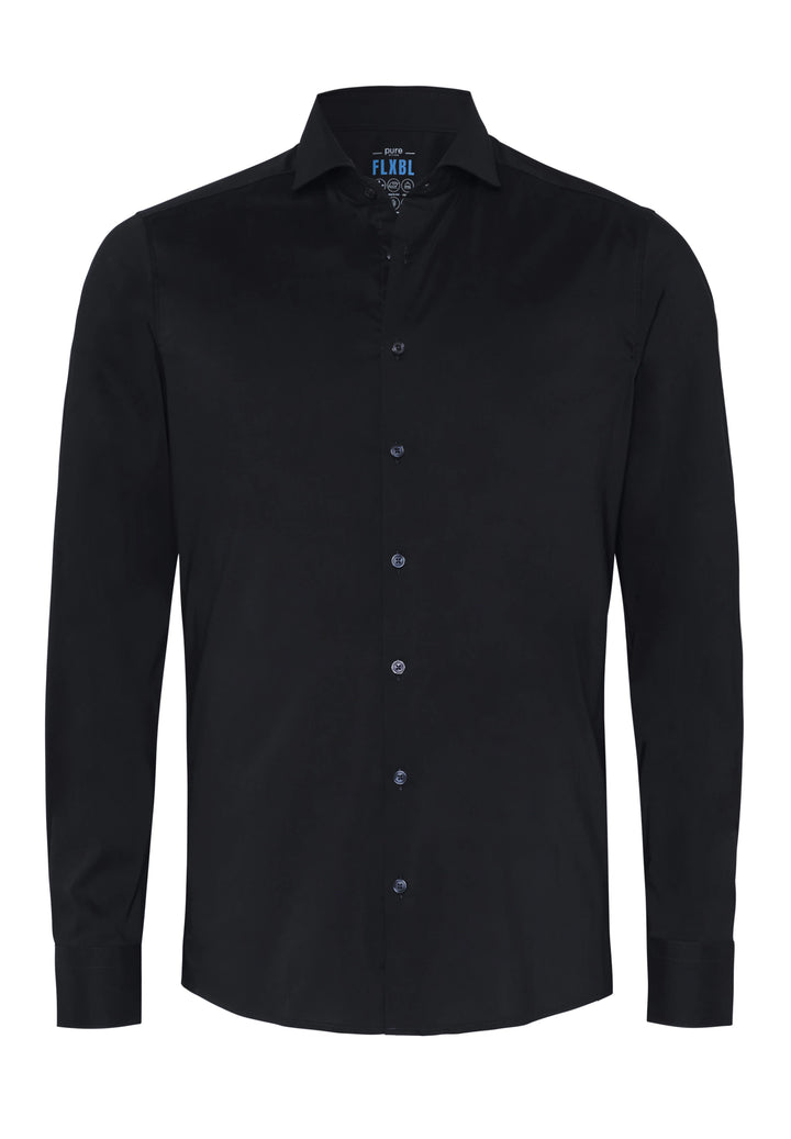 4059-21709 PURE FLXBL Hemd in Schwarz, Vorderansicht. Klassisches Design mit Knopfleiste und flexiblem Material für optimalen Sitz.