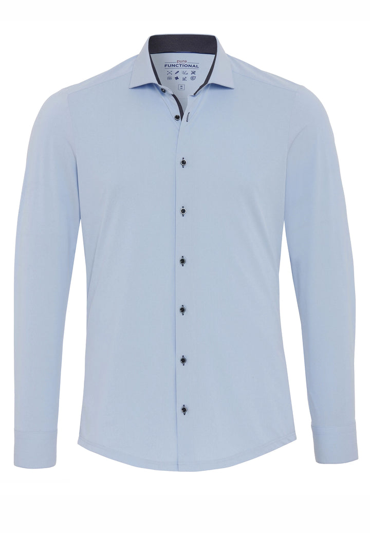 4060-21177 PURE Functional Hemd in Blau, Vorderansicht. Langarm-Businesshemd mit Knopfleiste und klassischem Kragen für stilbewusste Herren.