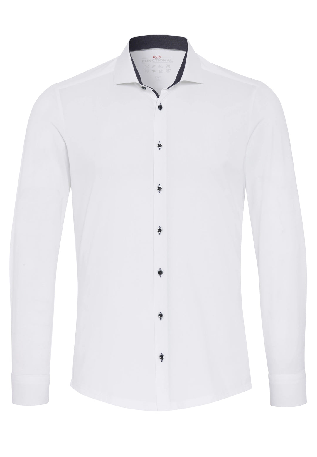 PURE 4060-21177 weißes Langarm Functional Hemd für Herren mit klassischem Kragen, schwarzer Knopfleiste und modernem Design.