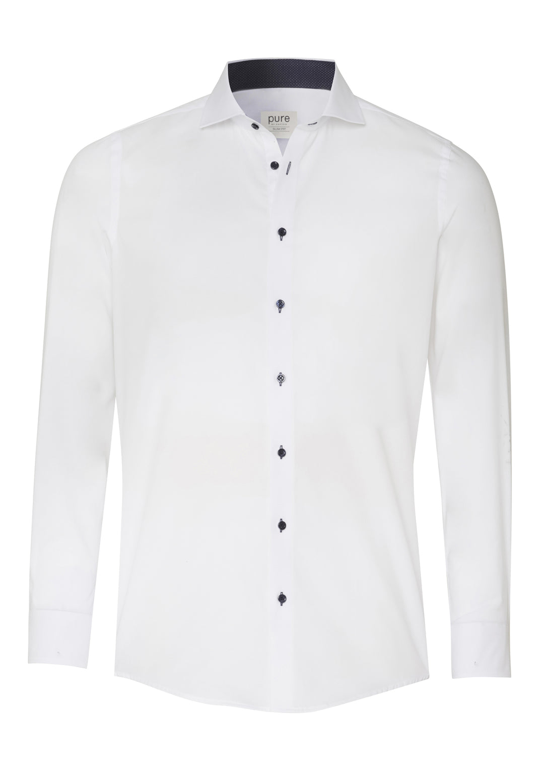 Weisses Business Hemd slim fit mit Hai Kragen und dunklen Knöpfen
