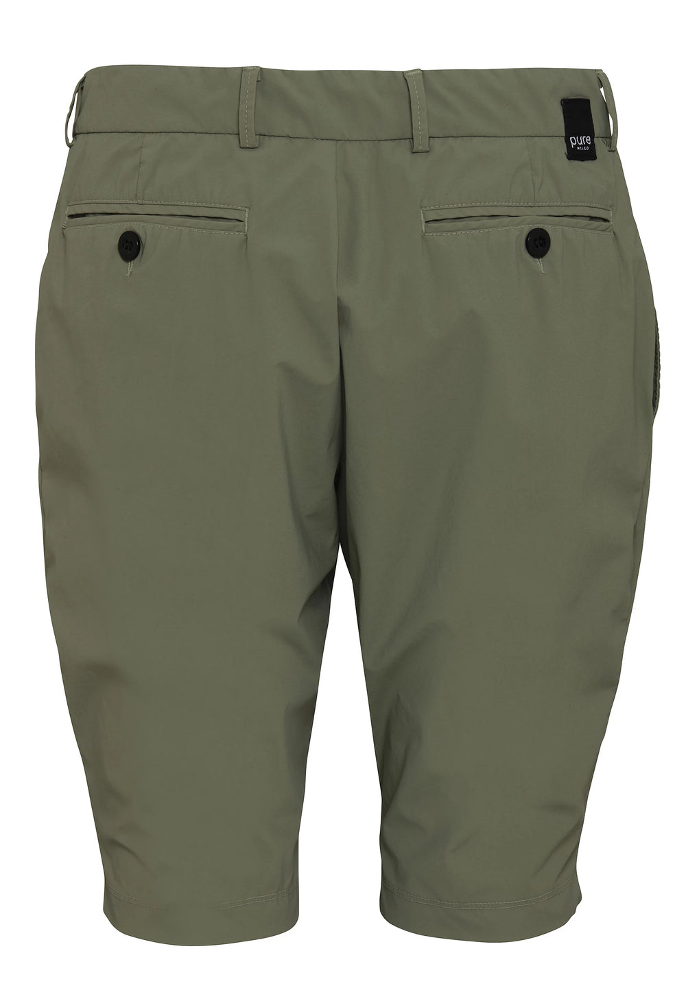 Hinteransicht der 4798-92975 PURE Functional Bermuda in Grün mit zwei Gesäßtaschen und Logo-Detail. Stilvolle und bequeme Shorts für Herren.