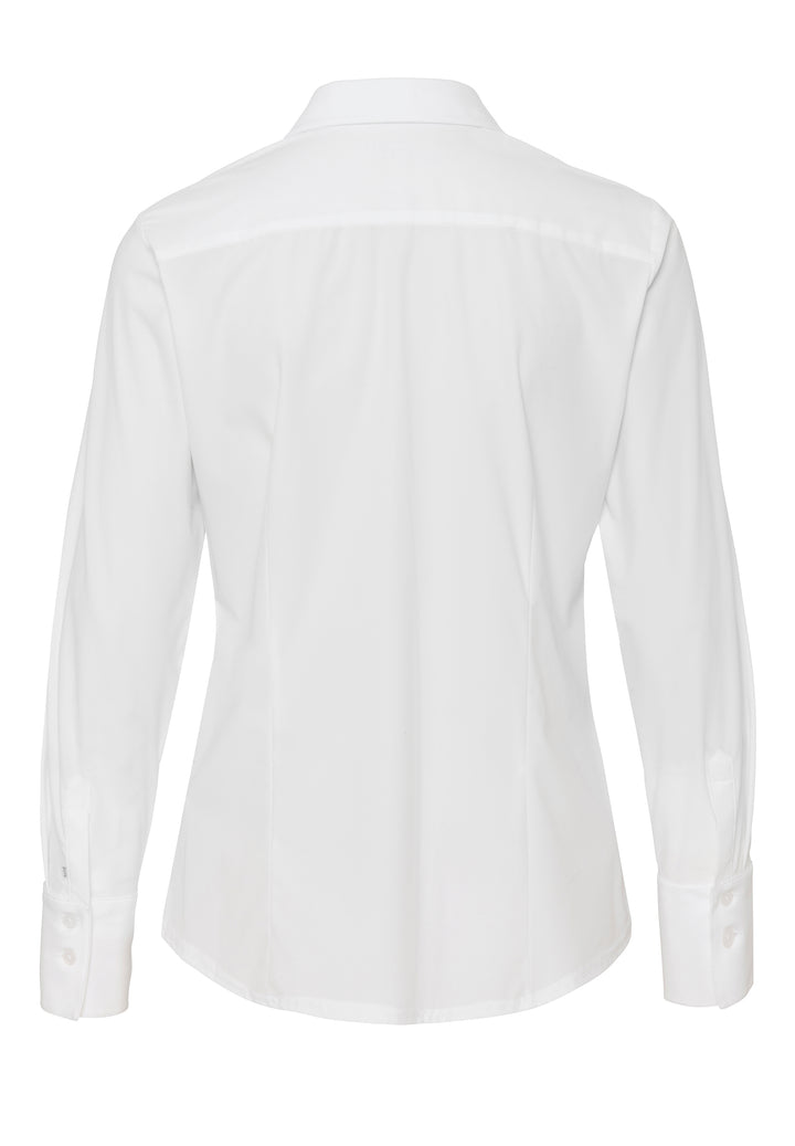 Rückansicht der weißen PURE Functional Bluse 7700-91910, Slim Fit. Schlichte Langarmbluse mit tailliertem Schnitt und Manschetten.