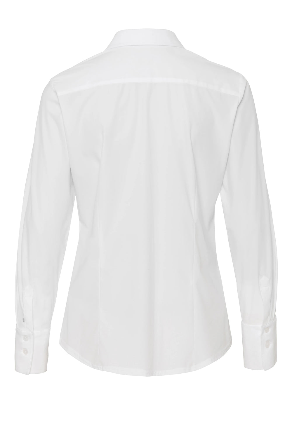 Rückansicht der weißen PURE Functional Bluse 7700-91910, Slim Fit. Schlichte Langarmbluse mit tailliertem Schnitt und Manschetten.