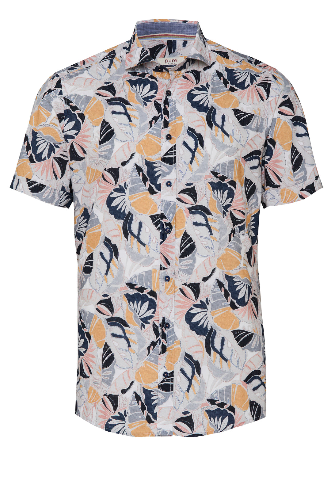 E11504-52101 - Casual Herrenhemd - multicolor mit floraler Musterung, Halbarm und Kent Kragen aus 100% Baumwolle, Vorderansicht.