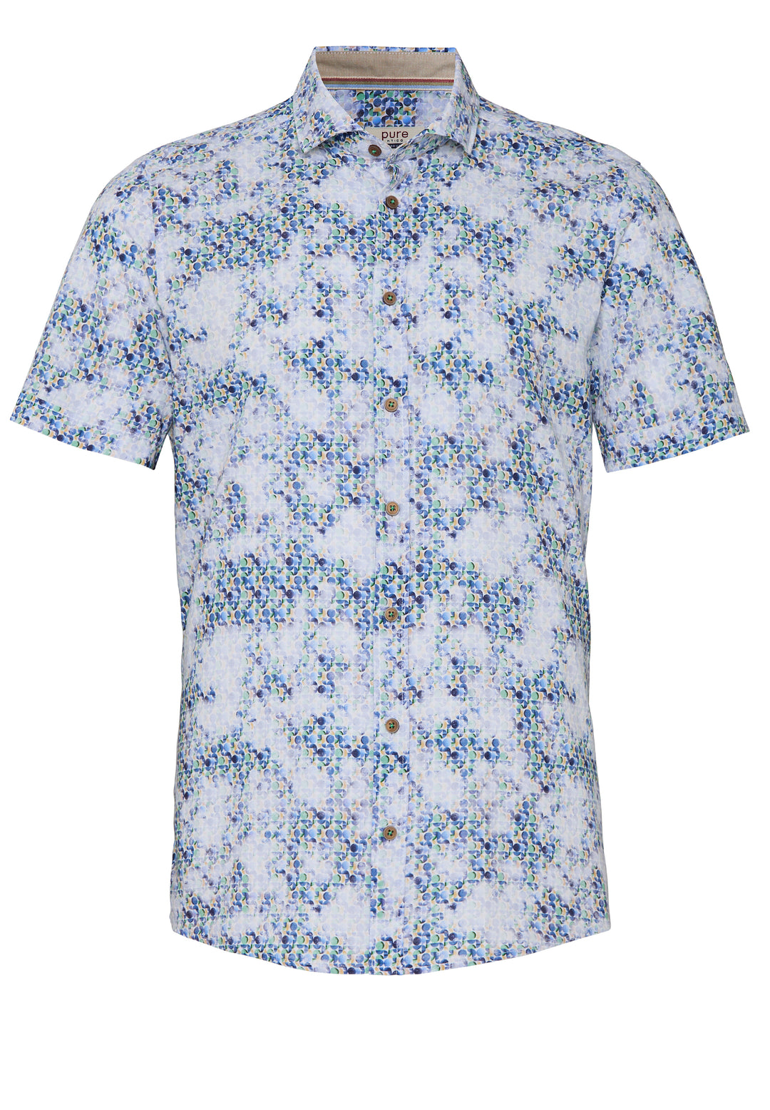 E11511-52103 - Casual Herrenhemd - grün mit floralem Muster, Halbarm und Kent Kragen aus 100% Baumwolle, Vorderansicht.