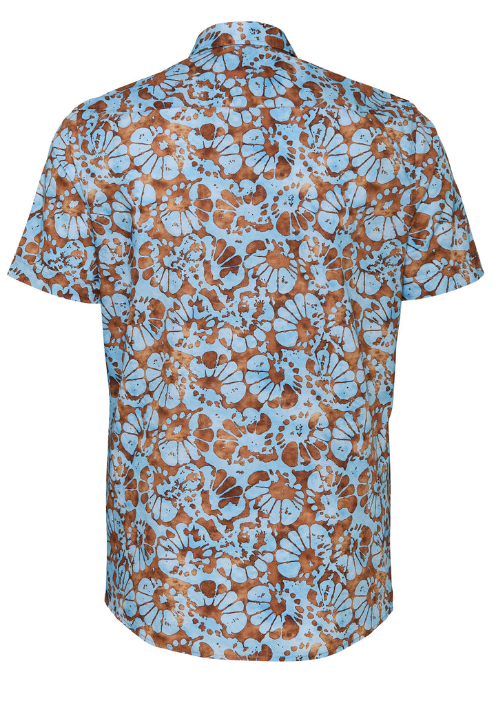 Rückansicht des E11524-52101 - Casual Herrenhemds - braun mit blauem Blumenmuster, Halbarm und Kent Kragen aus 100% Baumwolle.