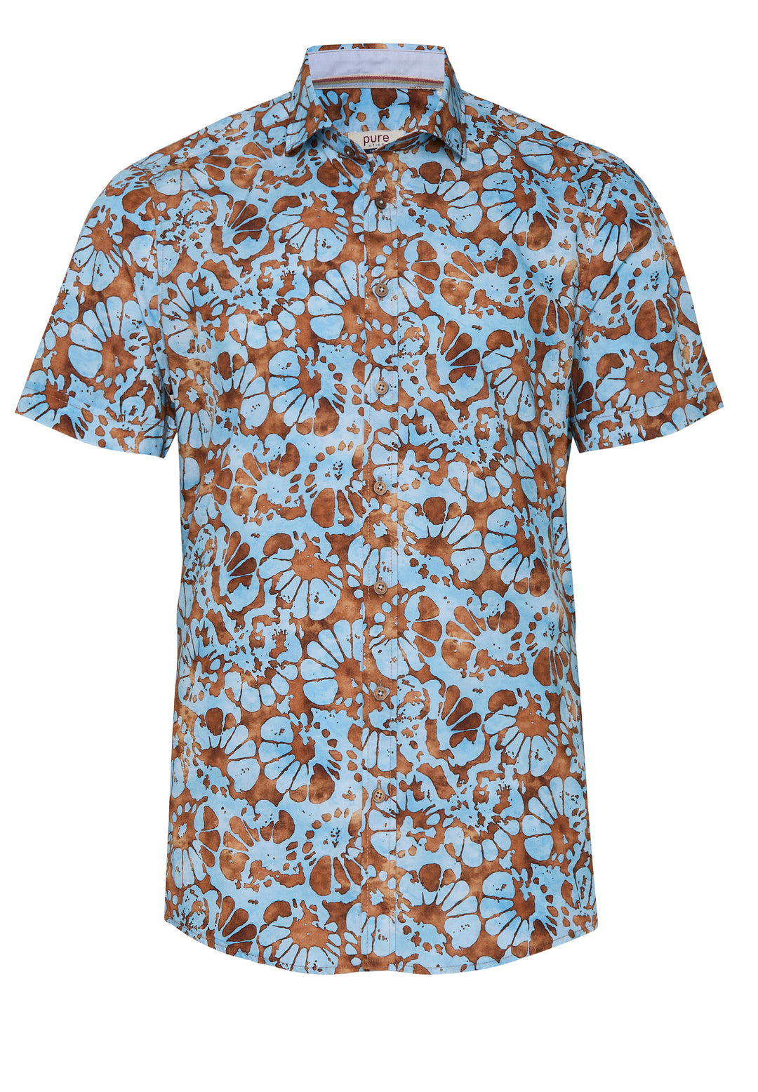 E11524-52101 - Casual Herrenhemd - braun mit floralen Mustern in Blau, Halbarm und Kent Kragen, ideal für sommerliche Freizeitlooks.