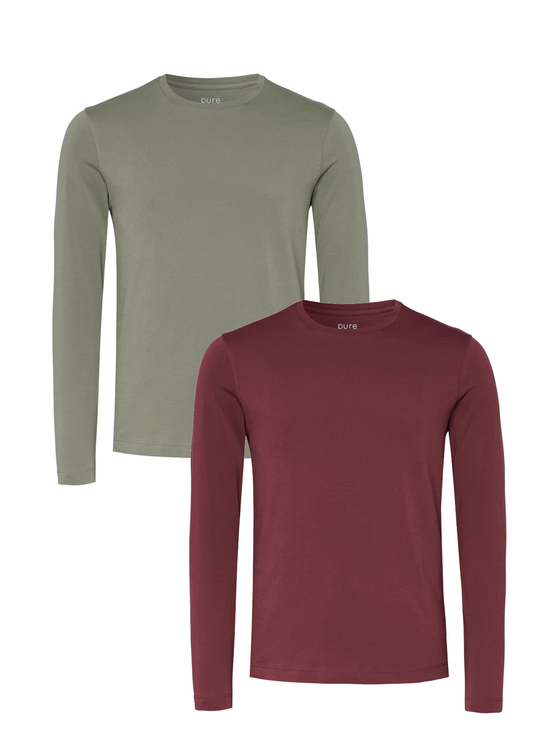 Zwei Lieblings-Shirt Langarm Modelle in Slim Fit mit Rundhals in Olivgrün und Dunkelrot