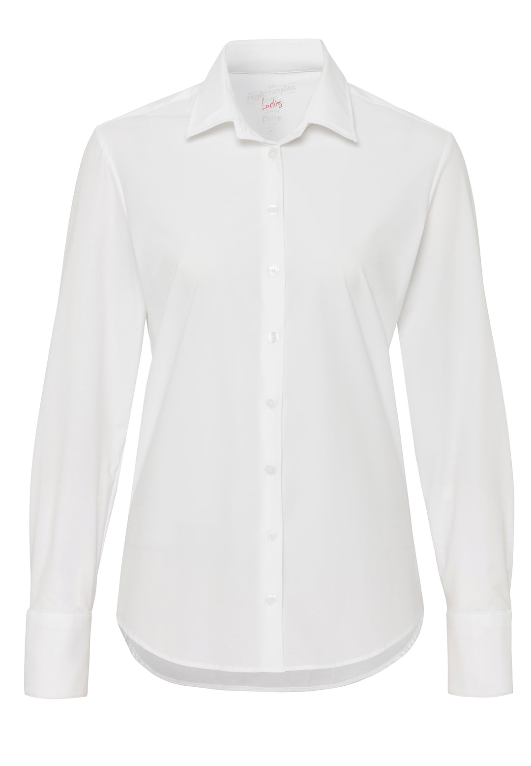 Weiße Oversize Funktionsbluse für Damen mit klassischem Kragen und Knopfleiste. Nachhaltiges Material mit 4-Wege-Stretch für maximalen Komfort.