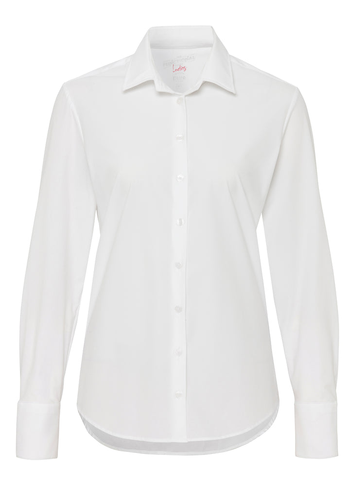 Weiße Oversize Funktionsbluse für Damen mit klassischem Kragen und Knopfleiste. Nachhaltiges Material mit 4-Wege-Stretch für maximalen Komfort.