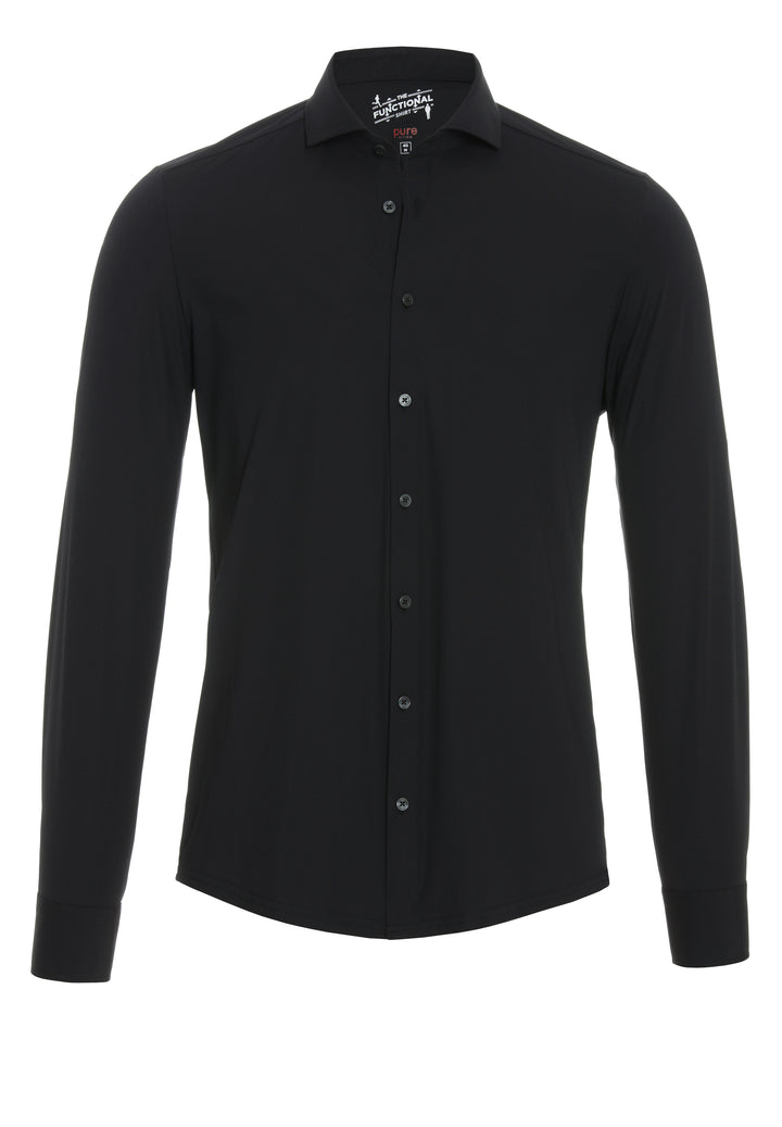 Schwarzes Langarm-Funktionshemd 3387-21150 mit klassischem Kragen. Elastisches, atmungsaktives Material für Business und Reisen geeignet.