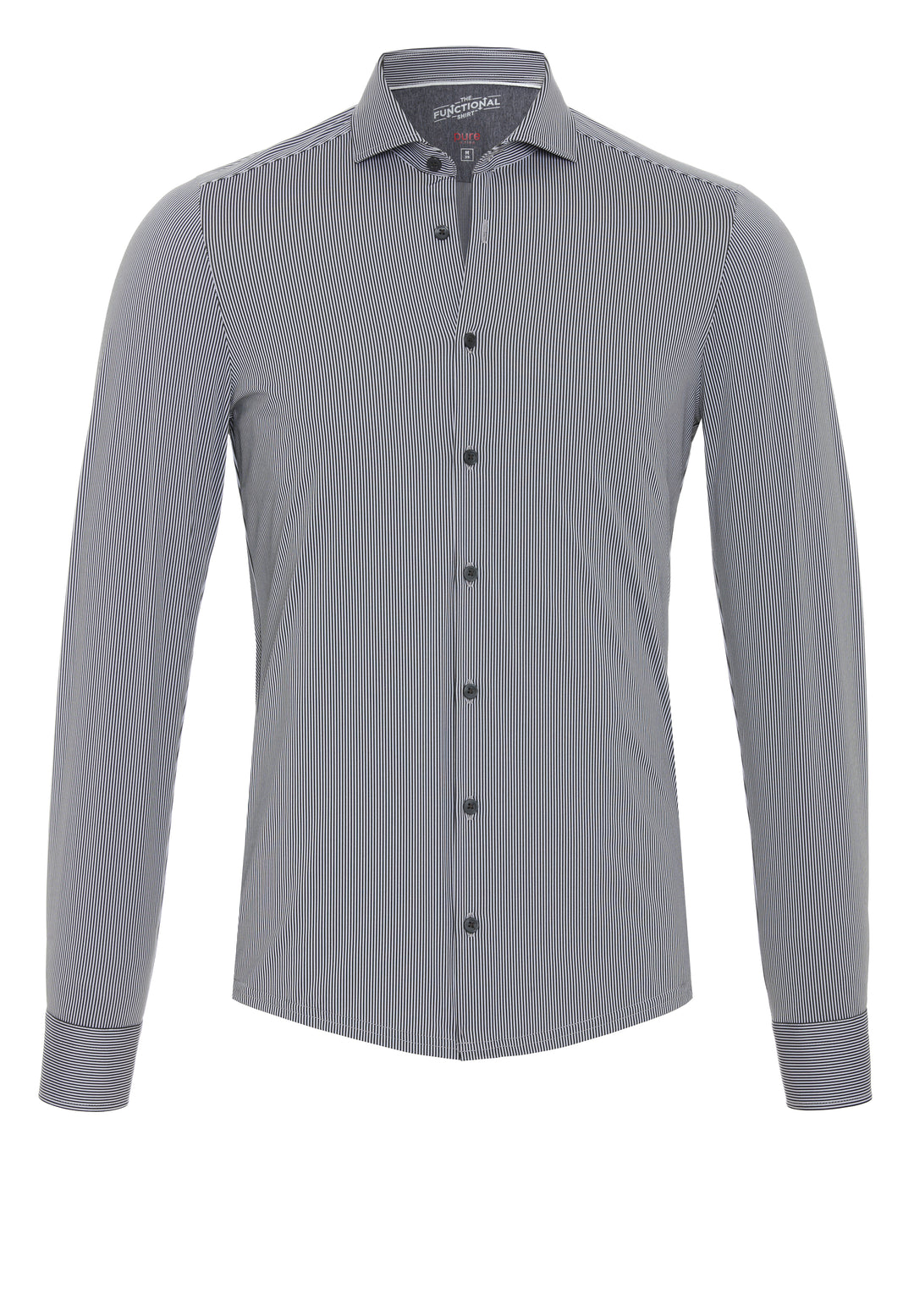 Langärmeliges Herrenhemd in Schwarz-Grau mit Streifen, funktionell und leicht. Knopfleiste und klassischer Kragen für einen stilvollen Look.