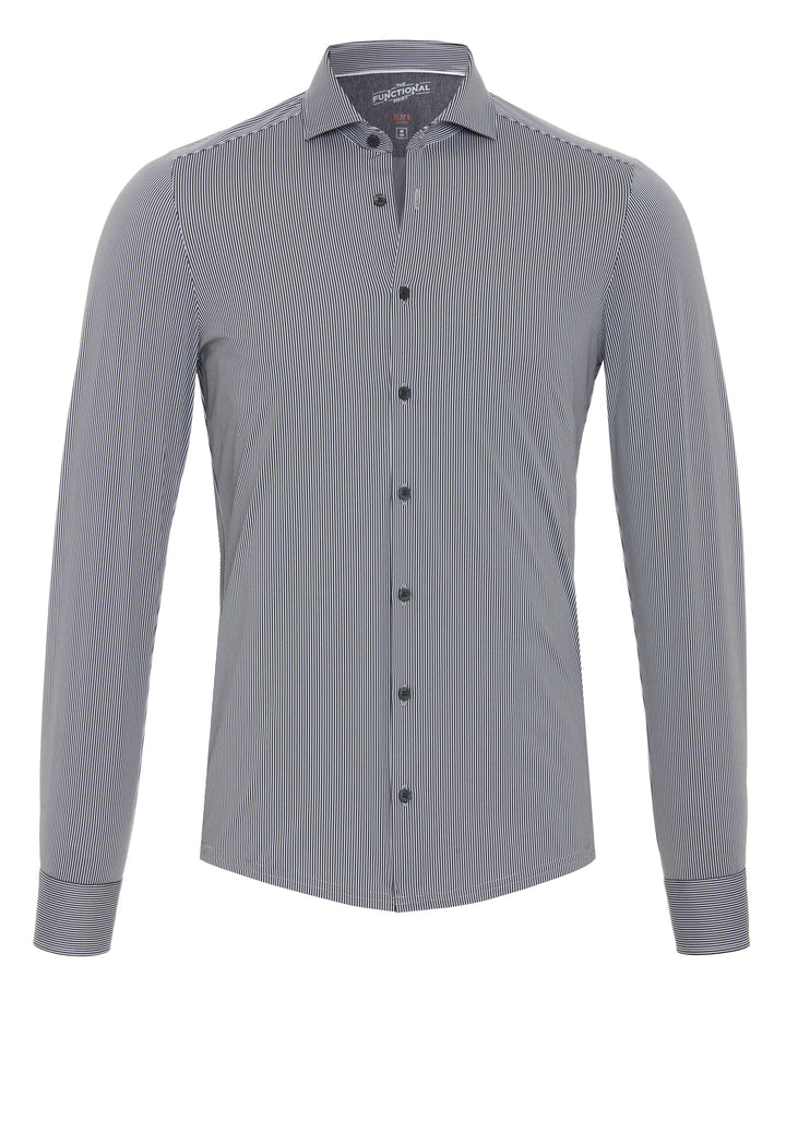 Langärmeliges Herrenhemd in Schwarz-Grau mit Streifen, funktionell und leicht. Knopfleiste und klassischer Kragen für einen stilvollen Look.