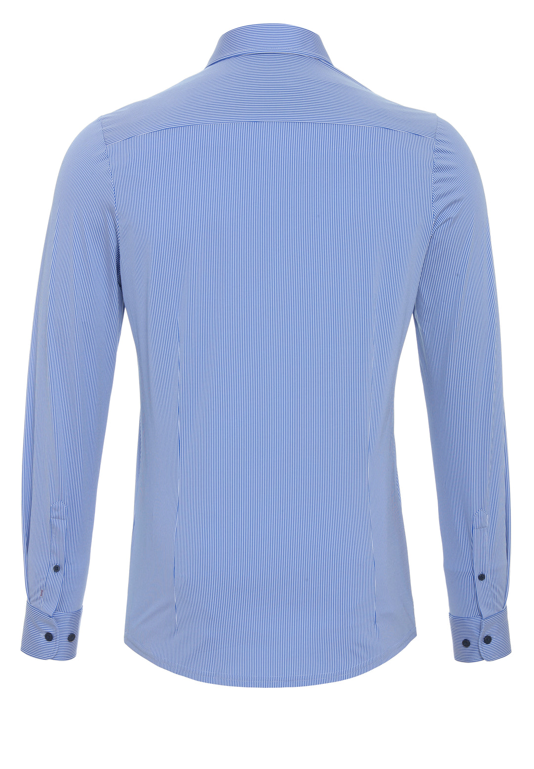 Rückansicht des funktionalen Hemds 4028-21750 in mittelblau mit feinen Streifen, elastischem Material und perfekter Passform für hohen Tragekomfort.