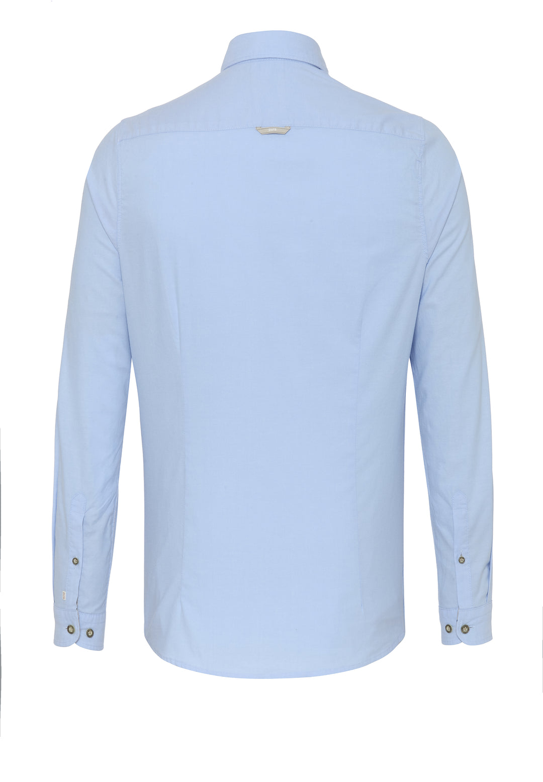 Rückansicht des Slim Fit Trachtenhemds für Herren in Blau. Hochwertiges Oxford-Gewebe, pflegeleicht und ideal für traditionelle sowie moderne Looks.