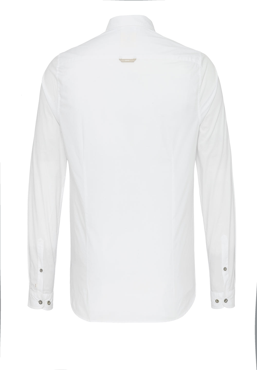 Rückansicht des weißen Slim Fit Tracht Hemds mit klassischem Schnitt. Hochwertige Baumwollmischung für Komfort und leichte Pflege, perfekt für Herren.