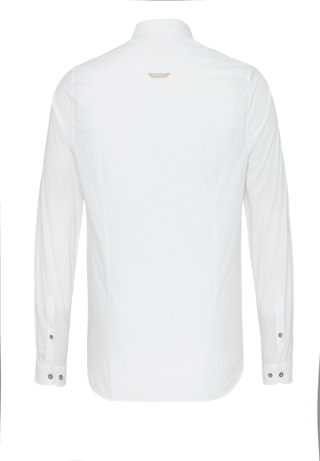 Rückansicht des weißen Slim Fit Tracht Hemds mit klassischem Schnitt. Hochwertige Baumwollmischung für Komfort und leichte Pflege, perfekt für Herren.