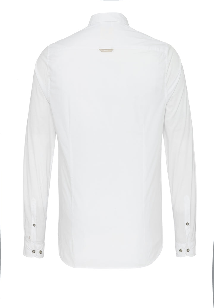 Rückansicht des weißen Slim Fit Tracht Hemds mit klassischem Schnitt. Hochwertige Baumwollmischung für Komfort und leichte Pflege, perfekt für Herren.