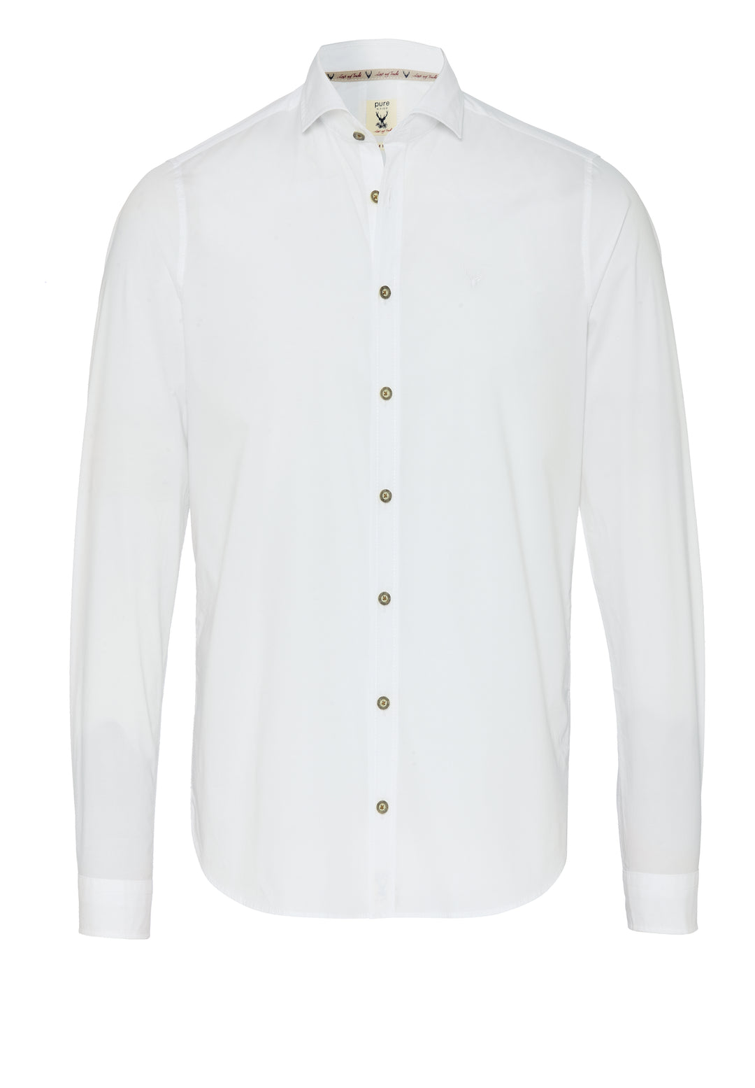 Tracht Hemd Slim Fit weiß aus 97% Baumwolle und 3% Elasthan. Elegantes Design mit Knopfleiste, ideal für festliche Anlässe und traditionelle Outfits.