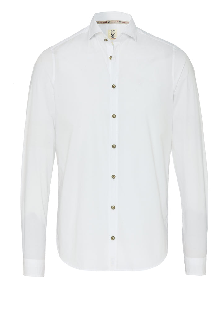 Tracht Hemd Slim Fit weiß aus 97% Baumwolle und 3% Elasthan. Elegantes Design mit Knopfleiste, ideal für festliche Anlässe und traditionelle Outfits.