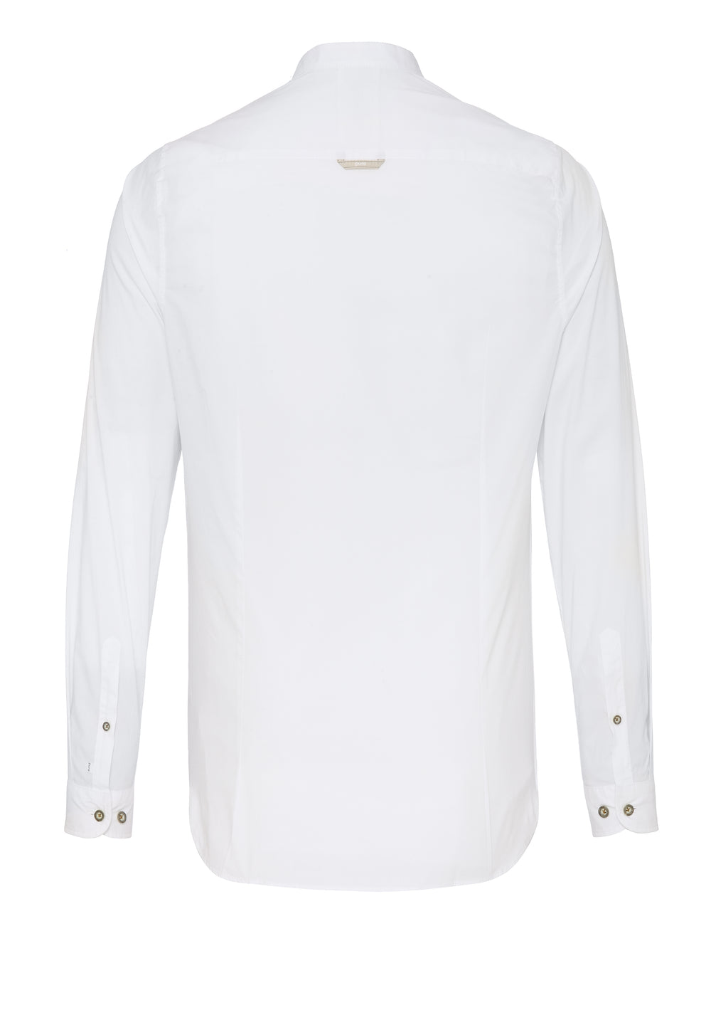 Rückansicht des weißen Tracht Hemds Slim Fit für Herren. Hochwertiges Langarmhemd mit Stehkragen, aus Baumwoll-Elasthan-Mix für optimalen Tragekomfort.