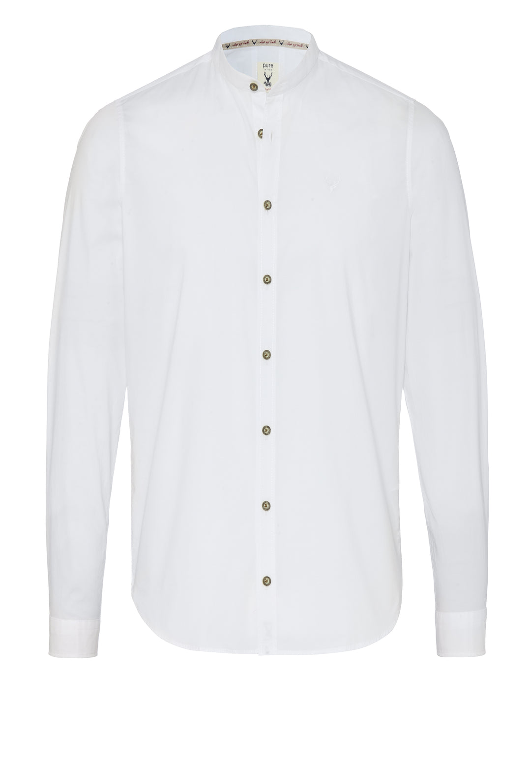 Tracht Hemd Slim Fit weiß für Herren mit Stehkragen. Langarmhemd aus 97% Baumwolle und 3% Elasthan, ideal für elegante Anlässe und leicht zu pflegen.