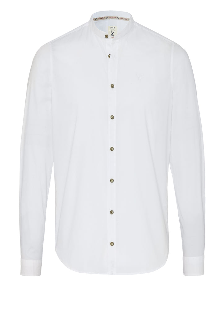 Tracht Hemd Slim Fit weiß für Herren mit Stehkragen. Langarmhemd aus 97% Baumwolle und 3% Elasthan, ideal für elegante Anlässe und leicht zu pflegen.
