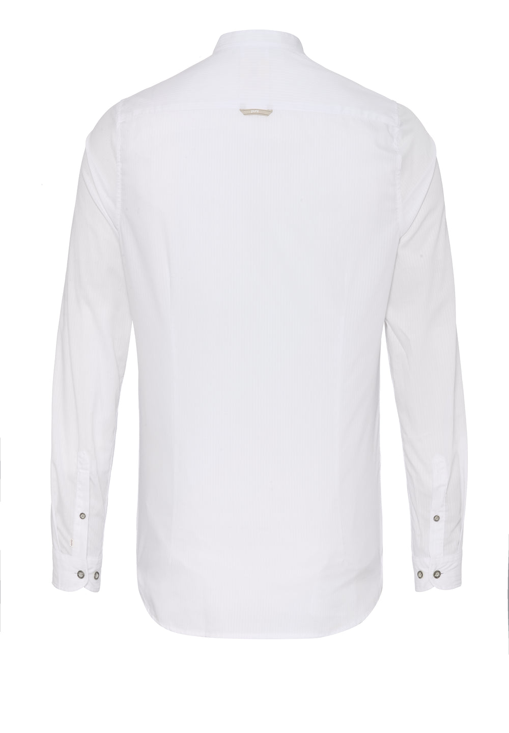 Rückansicht des weißen Slim Fit Tracht Hemds für Herren. Hochwertige Baumwolle, Langarm, dezente Streifen und moderner Schnitt für eleganten Look.
